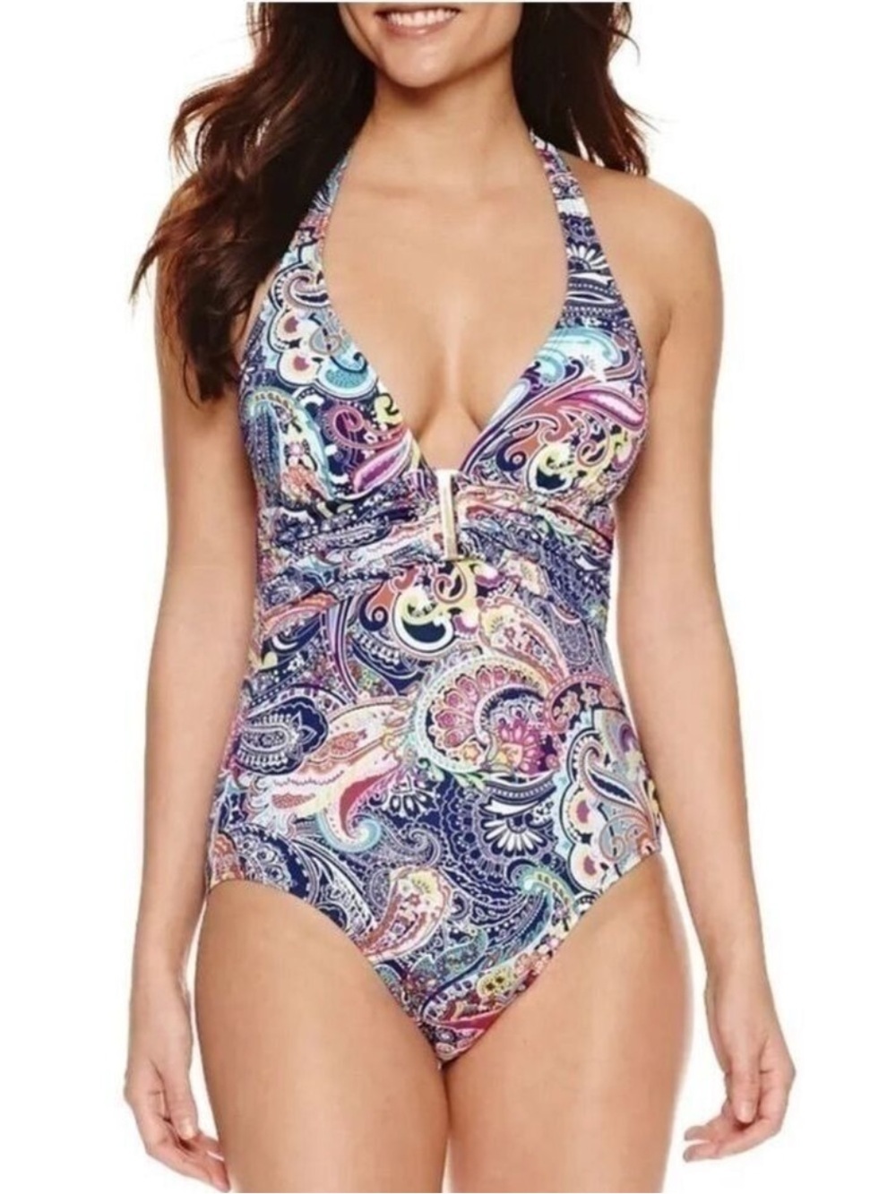 Liz Claiborne Paisley One Piece Swimsuit Women’s Size 6 Gold Embellishments